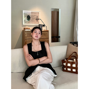 SOTHEA高知通勤老钱风气质亚麻人丝混纺方领背心马甲上衣女2026夏