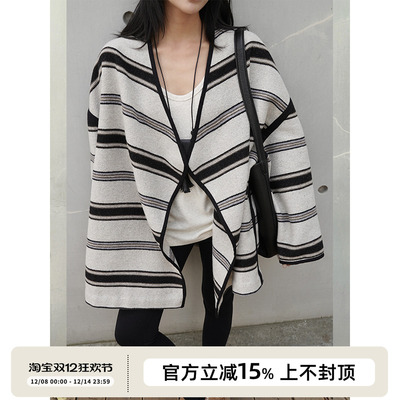 静奢条纹亚麻感羊毛斗篷廓形大衣