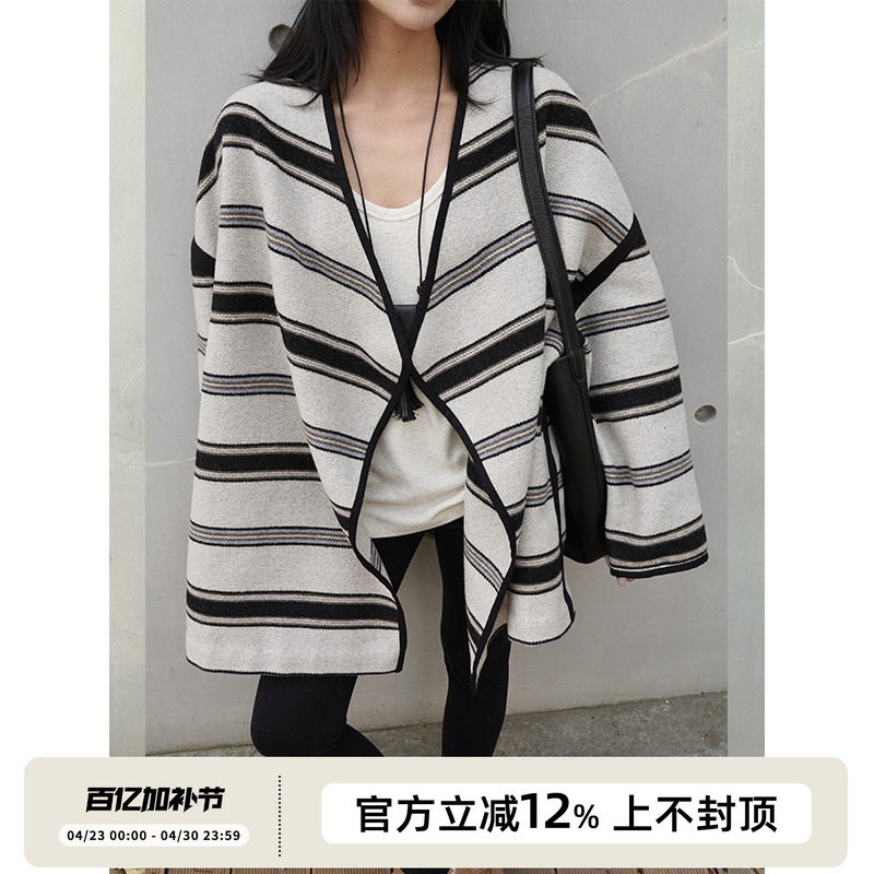 SOTHEA 静奢气质秋冬条纹高级亚麻感羊毛斗篷廓形毛呢大衣外套女