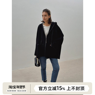 SOTHEA  秋冬羊驼毛双面呢拼皮连帽斗篷毛呢设计感时尚呢子外套