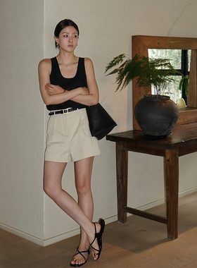 SOTHEA 气质显瘦 夏季棉卡中腰A字打褶巴哈马裤西装短裤休闲裤女