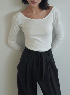 SOTHEA 时髦基础款弹力棉质大圆领露背修身显瘦打底内搭长袖T恤