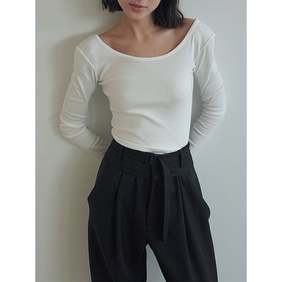 SOTHEA 时髦基础款弹力棉质大圆领露背修身显瘦打底内搭长袖T恤