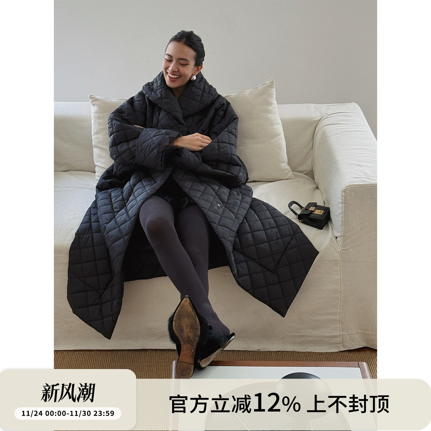 SOTHEA 时髦極简风大翻领廓形绗格长款过膝棉服棉服棉袄保暖外套