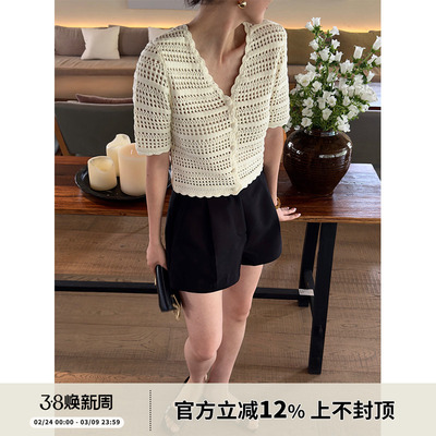 SOTHEA 法式度假风 2025年夏季时髦钩花全棉短款短袖针织衫上衣