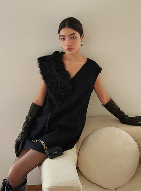 SOTHEA 简奢风羊毛双面呢双V领复古优雅气质毛呢背心呢子连衣裙