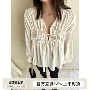 SOTHEA法式波西米亚风宽松慵懒气质V领衬衫女夏 韩国人丝抽褶上衣