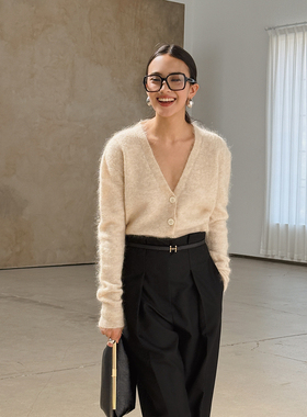 SOTHEA 柔雾空气感羊毛马海毛宽松V领毛衣开衫针织衫毛毛秋冬上衣
