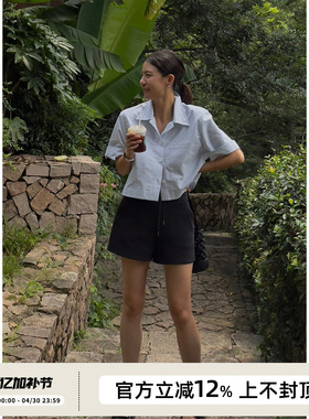 SOTHEA 夏日全棉时髦短款竖条纹衬衫复古学院风短袖衬衣上衣女