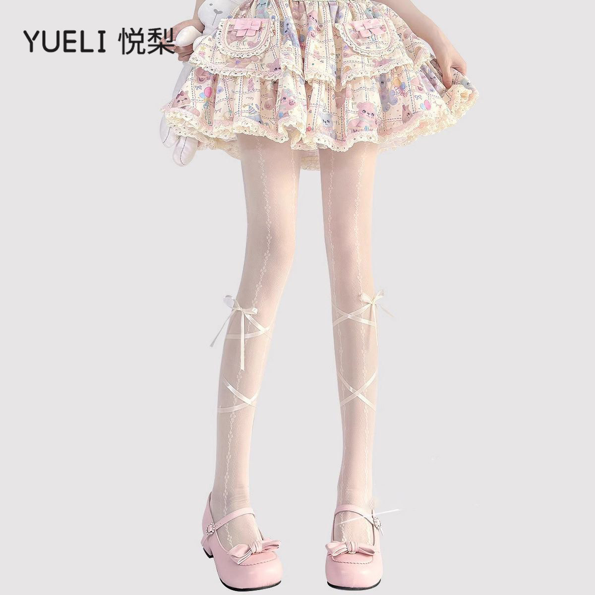 日系Lolita甜美打底袜交叉绑带蝴蝶结印花丝袜女芭蕾风白色连裤袜