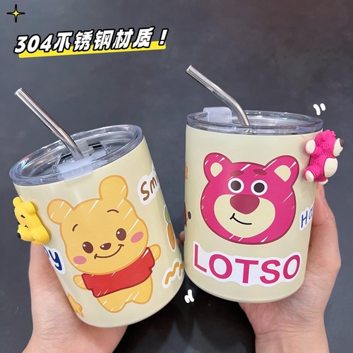 杯子草莓熊保温杯迪士尼卡通三眼仔不锈钢水杯女男小学生防摔杯