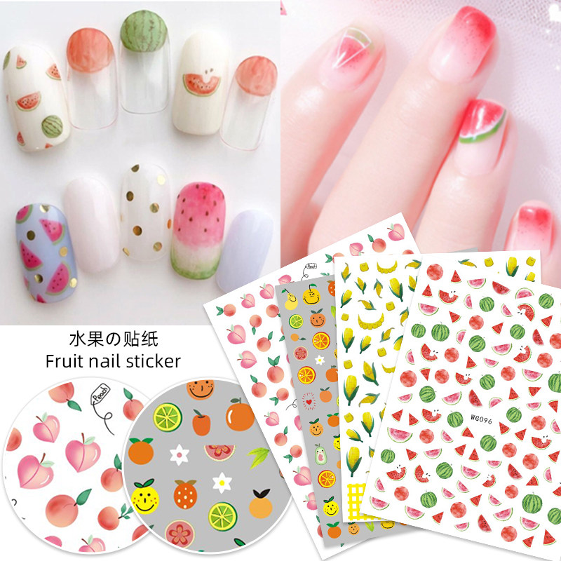 日系春夏新款泫雅小清新水果卡通可爱小黄人西瓜美甲贴纸3d带背胶