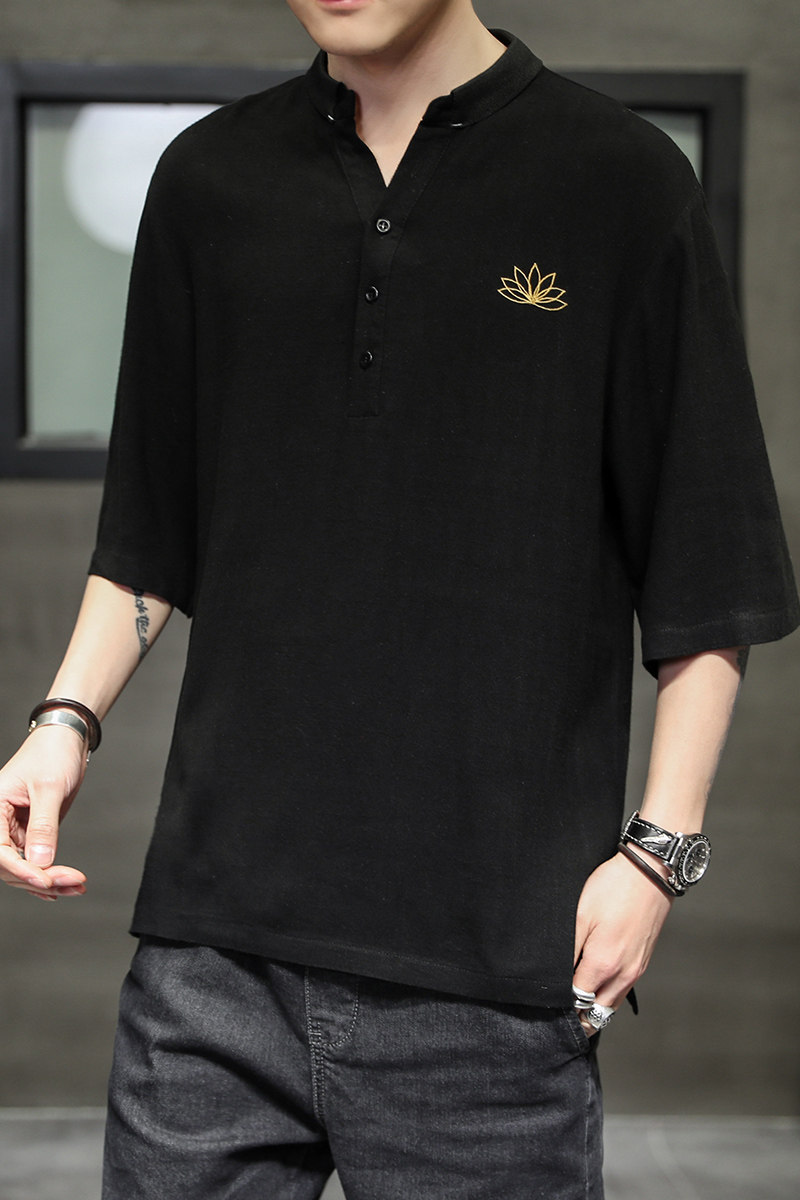 男士夏季短袖T恤棉麻风大码潮印花刺绣透气QT4066-T105,男装T恤,电商A227
