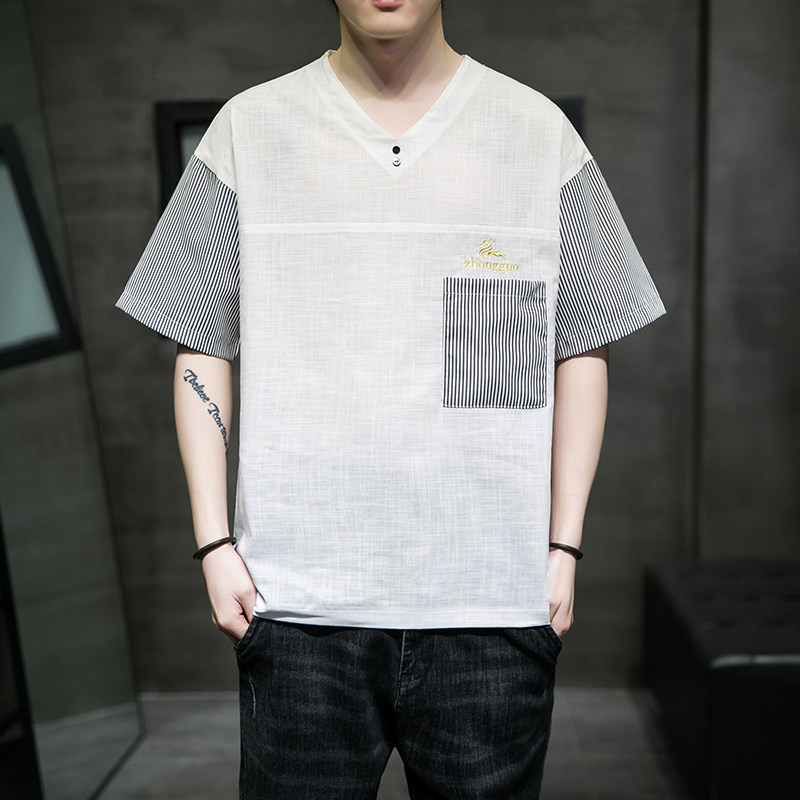 男士夏季短袖T恤棉麻风大码潮印花刺绣透QT4066-T2111,男装T恤,电商A227