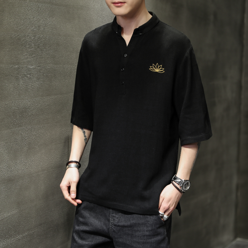 中国风T恤男士夏季短袖时尚宽松亚麻刺绣大码QT4066-T105-P55,男装Polo衫,电商A227