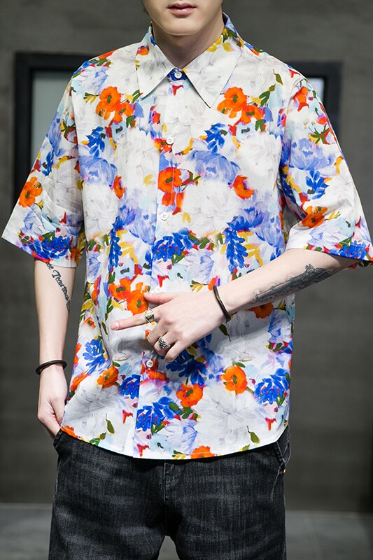 大码短袖衬衫免烫宽松潮花衣服夏休闲刺绣T恤QT4066-T2118,男装衬衫,电商A227