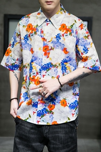大码短袖衬衫免烫宽松潮花衣服夏休闲刺绣T恤QT4066-T2118图片