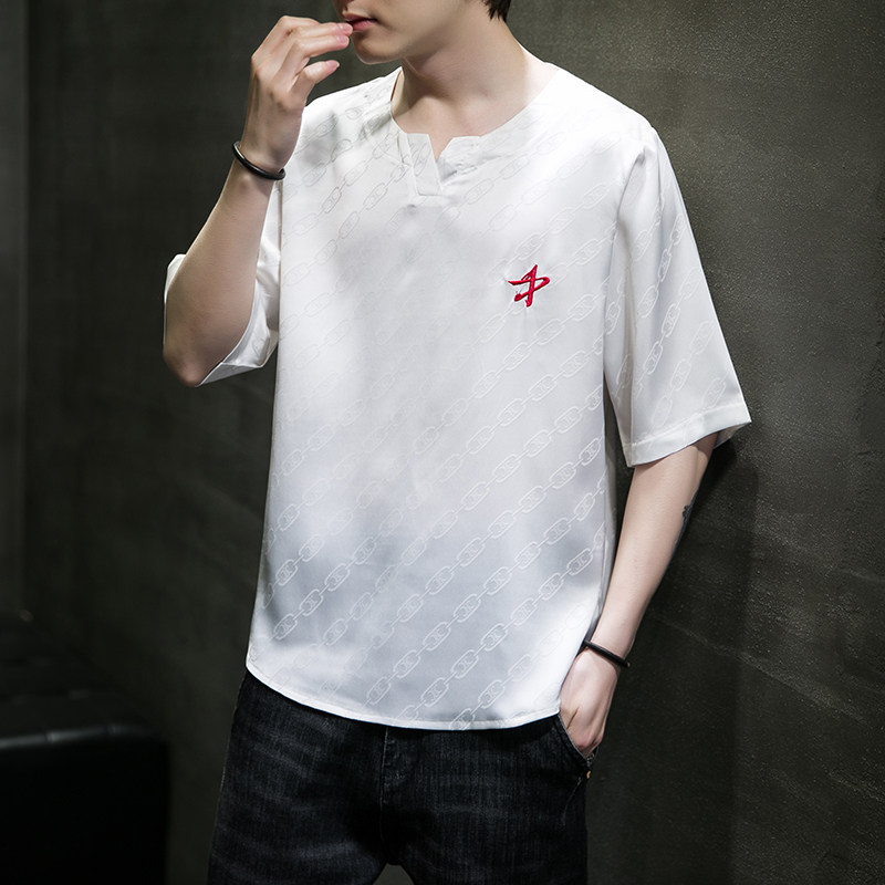 男士夏季短袖T恤棉麻风大码潮印花刺绣透QT4066-T2116,男装T恤,电商A227