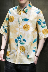 大码短袖衬衫免烫宽松潮花衣服夏休闲刺绣T恤QT4066-T2118图片