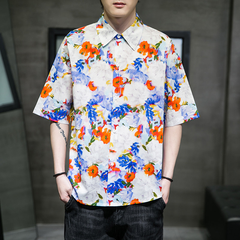 大码短袖衬衫免烫宽松潮花衣服夏休闲刺绣T恤QT4066-T2118,男装衬衫,电商A227