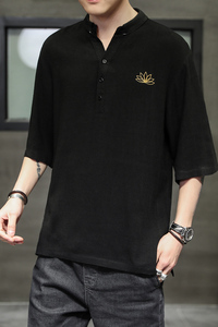 中国风T恤男士夏季短袖时尚宽松亚麻刺绣大码QT4066-T105-P55图片