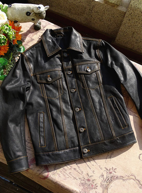 头层牛皮日版507牛仔修身短款真皮皮衣