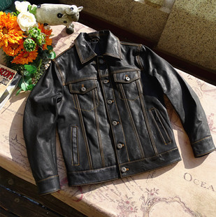 头层牛皮日版507牛仔修身短款真皮皮衣
