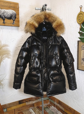N3B中长款皮羽绒连帽大衣绵羊皮白鸭绒真皮衣冬季保暖