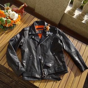 【日本水波纹马皮】马龙白兰度肖特613斜拉真皮皮衣