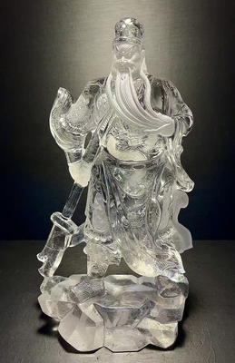 天然白水晶关公摆件 武财神关二爷摆件纯手工雕刻配黑檀木底座