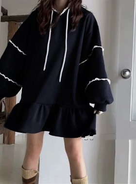 韩国东大门chic秋冬复古加绒蕾丝边拼接宽松A字款连帽卫衣连衣裙