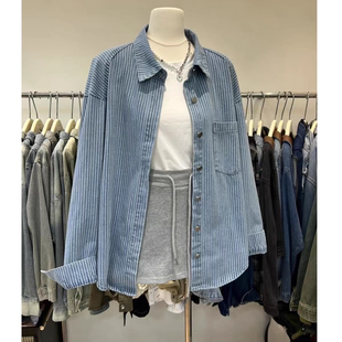 牛仔衬衫 2025春季 宽松复古竖条纹男友风休闲长袖 韩版 上衣女 新款