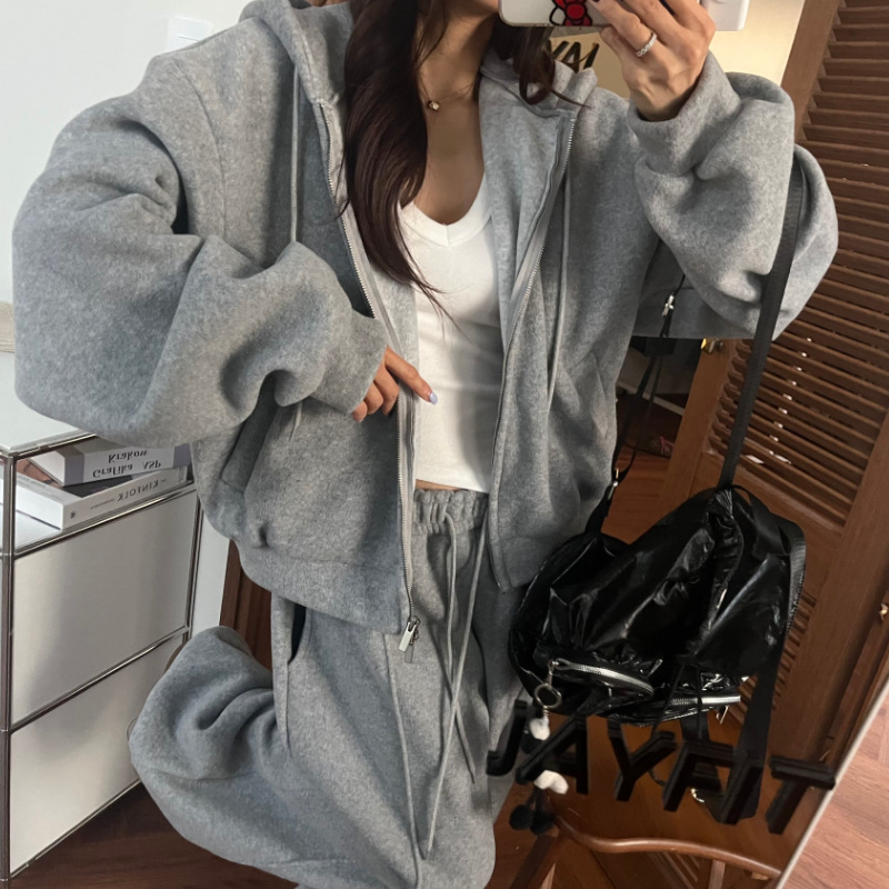 韩国东大门chic毛绒抓绒连帽双拉链卫衣外套+抽绳束脚长裤 2件套