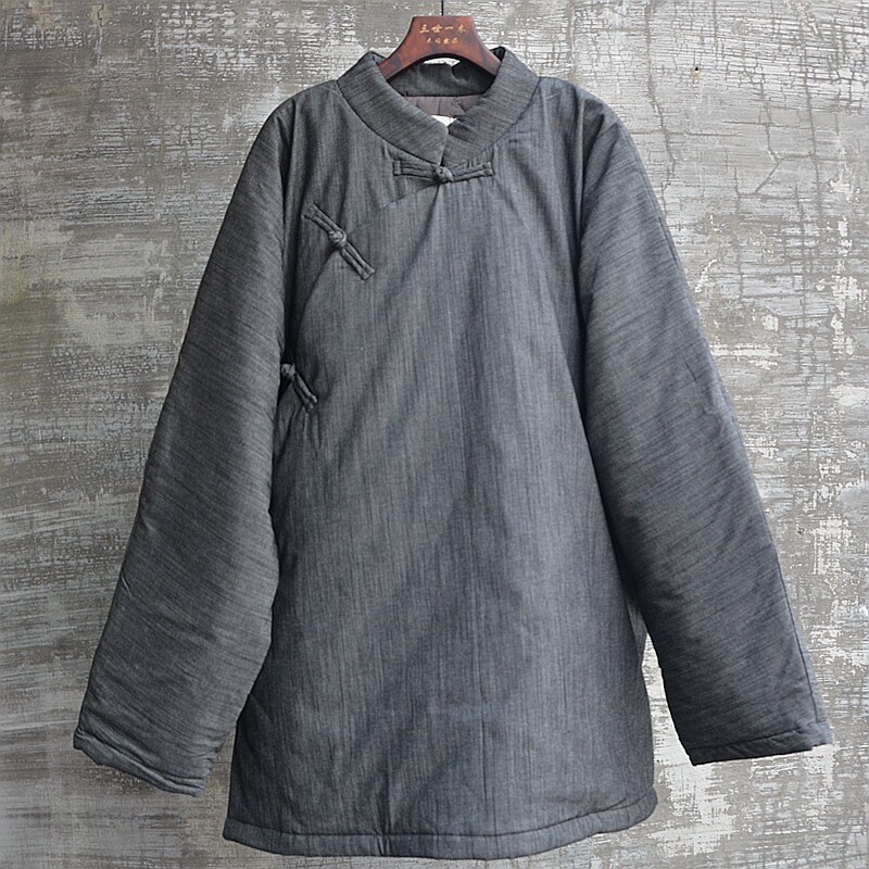 中国风男装加厚棉衣中式棉服唐装盘扣大襟棉花亚麻棉袄外套宽松黑