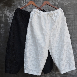 三世一木原创松紧腰夏季提花剪花休闲八分裤青春时尚流行百搭大码