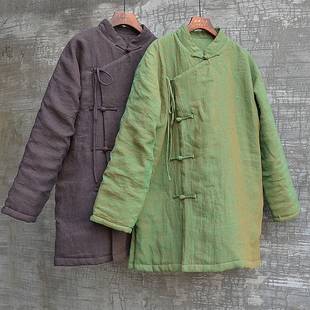 女三世一木原创冬棉花棉衣立领中长亚麻棉袄外套短袍文艺宽松大码