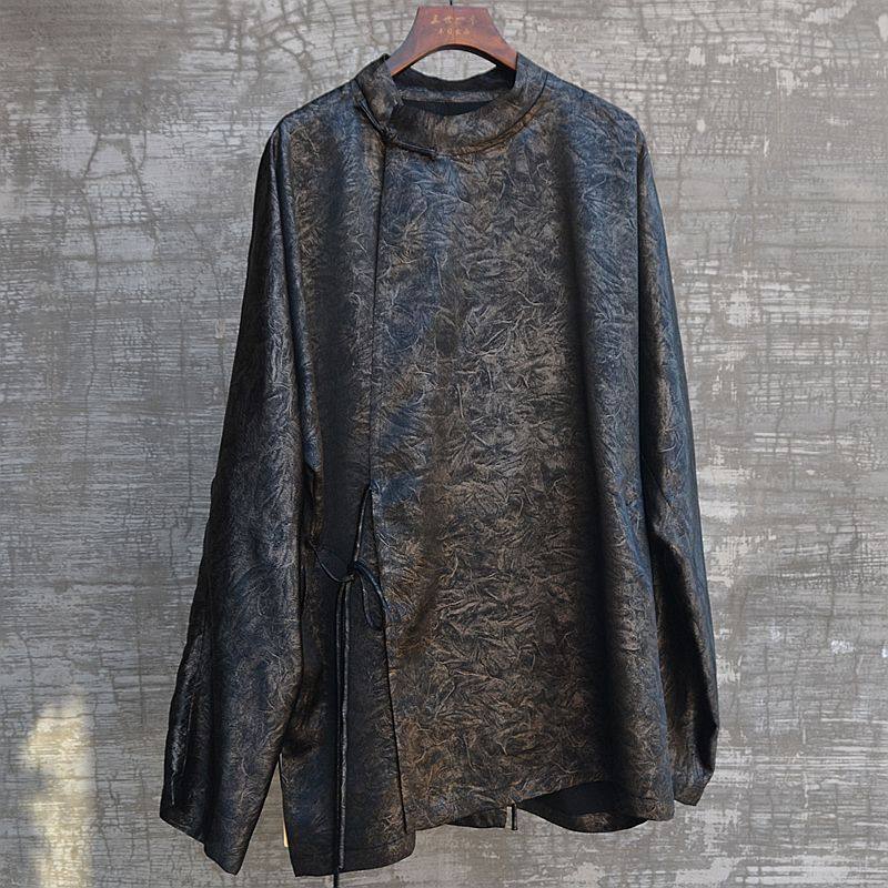 男装原创春夏新立领连袖国风醋酸顺滑新中式衬衫大码唐装高级轻奢