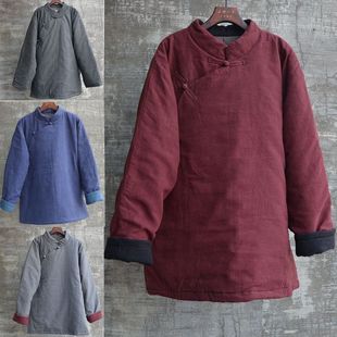 中国风男装加厚棉衣中式棉服唐装盘扣大襟棉花亚麻棉袄外套宽松黑