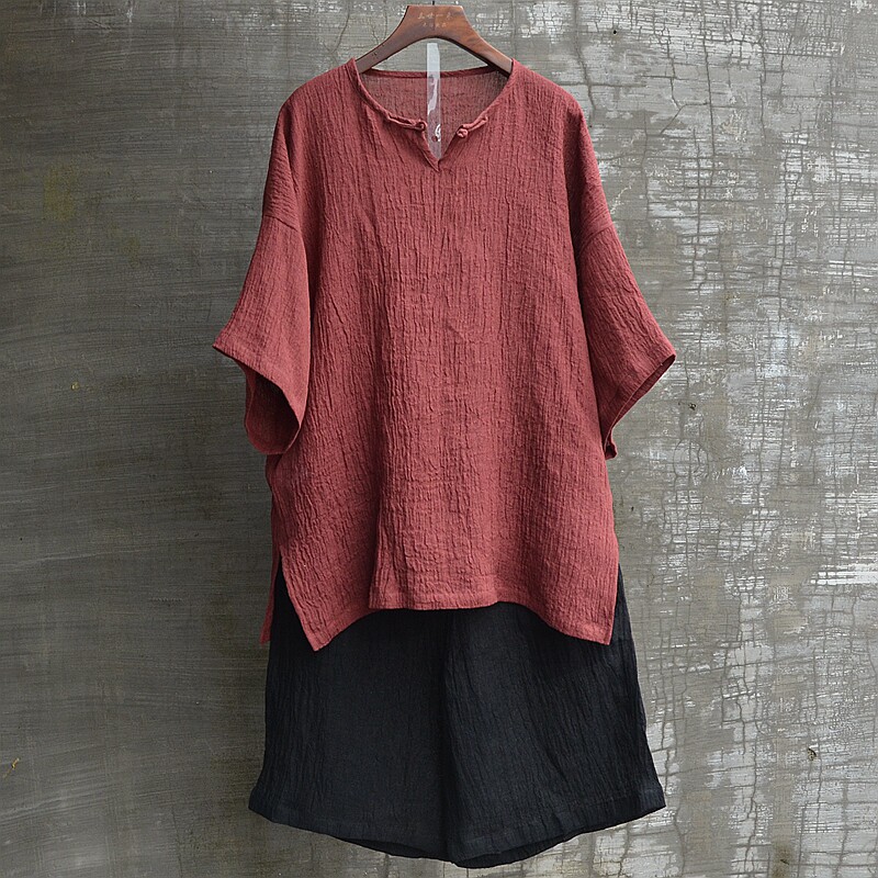 中国风男装夏季褶皱亚麻中式短袖分裤两件套休闲舒适透气版型宽松