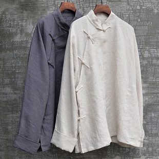 男装原创春夏长袖连肩立领亚麻衬衫唐装斜襟大襟外套盘扣宽松大码
