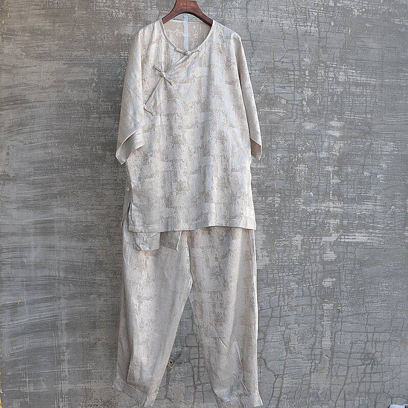 독창적인 새로운 디자인 라운드 넥 분할 소매 9부 바지 투피스 세트 복고풍 중국 스타일 셔츠 자카드 봄 여름 국가 트렌드 국가 스타일