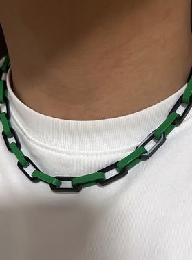 原创黑绿竹节链钛钢方形扣项链