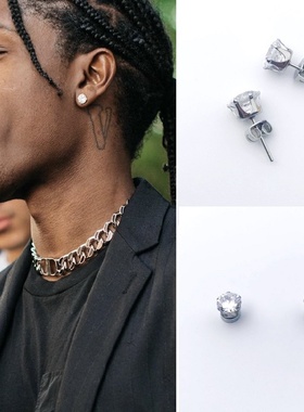 Zircon Earrings耳钉超闪锆石钻石7mm磁铁耳环嘻哈男女无耳洞耳饰