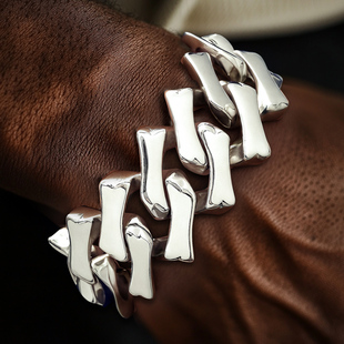 钛钢本色菱形粗矿手链欧美嘻哈古巴不掉色男手链重量级手饰32mm宽