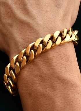 18K金色古巴链手链男女嘻哈情侣款同款欧美流行 磨砂cuban link