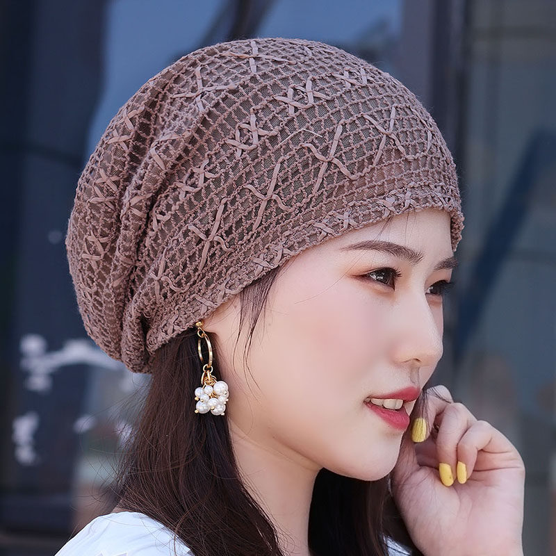 帽子女方块网眼休闲头巾帽韩版钩网堆堆帽夏天空调光头孕妇套头帽