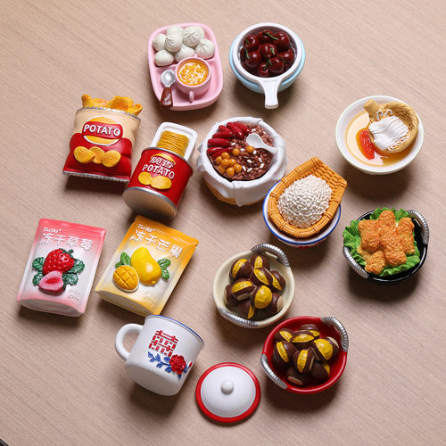 全店6件8折仿真兔鸭家薯片冰箱贴树脂食玩冻干草莓芒果饭磁吸装饰