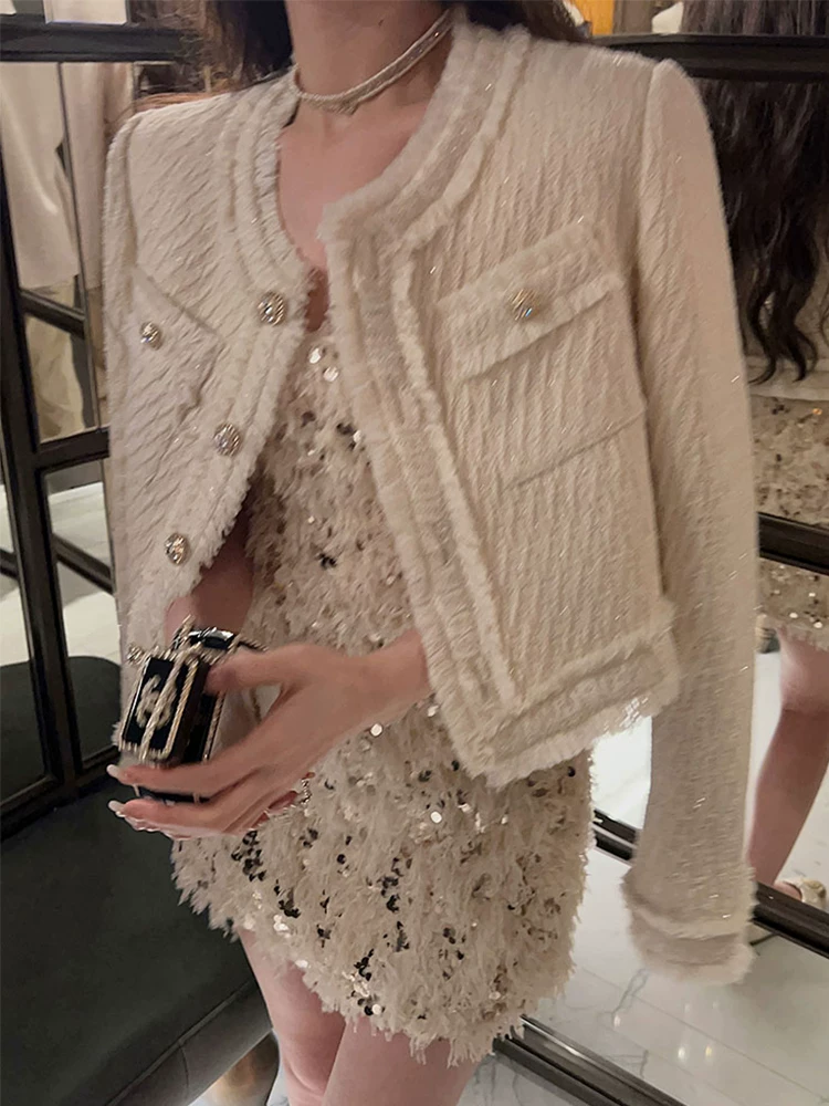 Изделие из шерсти вязаный осенний жакет, костюм, кардиган, стиль Chanel