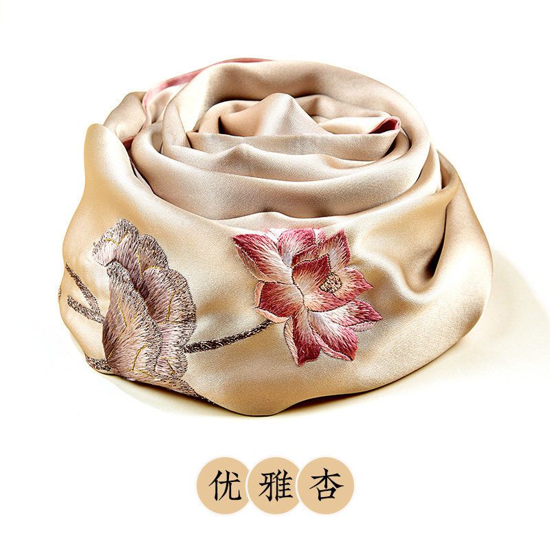 成都蜀绣手工刺绣荷花桑蚕丝围巾丝巾母亲节老师妈妈婆婆真丝礼品