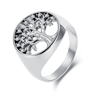 小众设计镂空生命之树戒指时尚钛钢镶水钻潮男女个性圆形印章指环